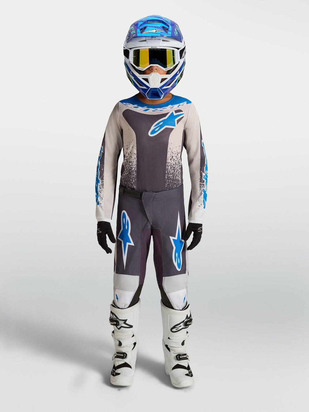 Alpinestars 2027 Youth Fluid Drag Gear Set, graystone and UCLA blue kids' motocross outfit for off-road racing performance.