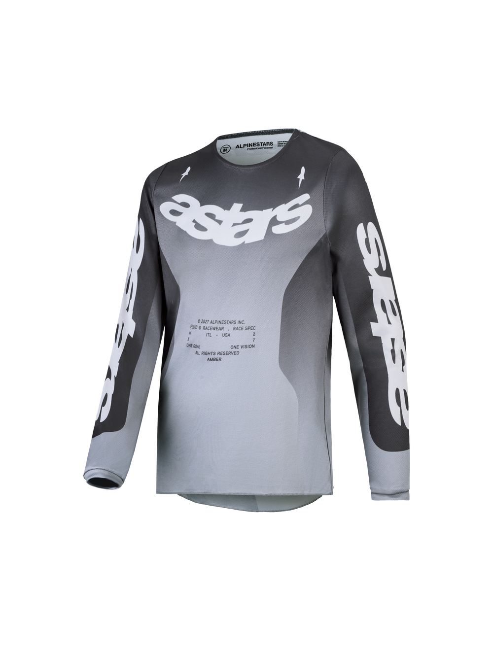 Alpinestars 2027 Youth Fluid Amber Jersey, gray and white gradient motocross top with moisture-wicking polyfabric.