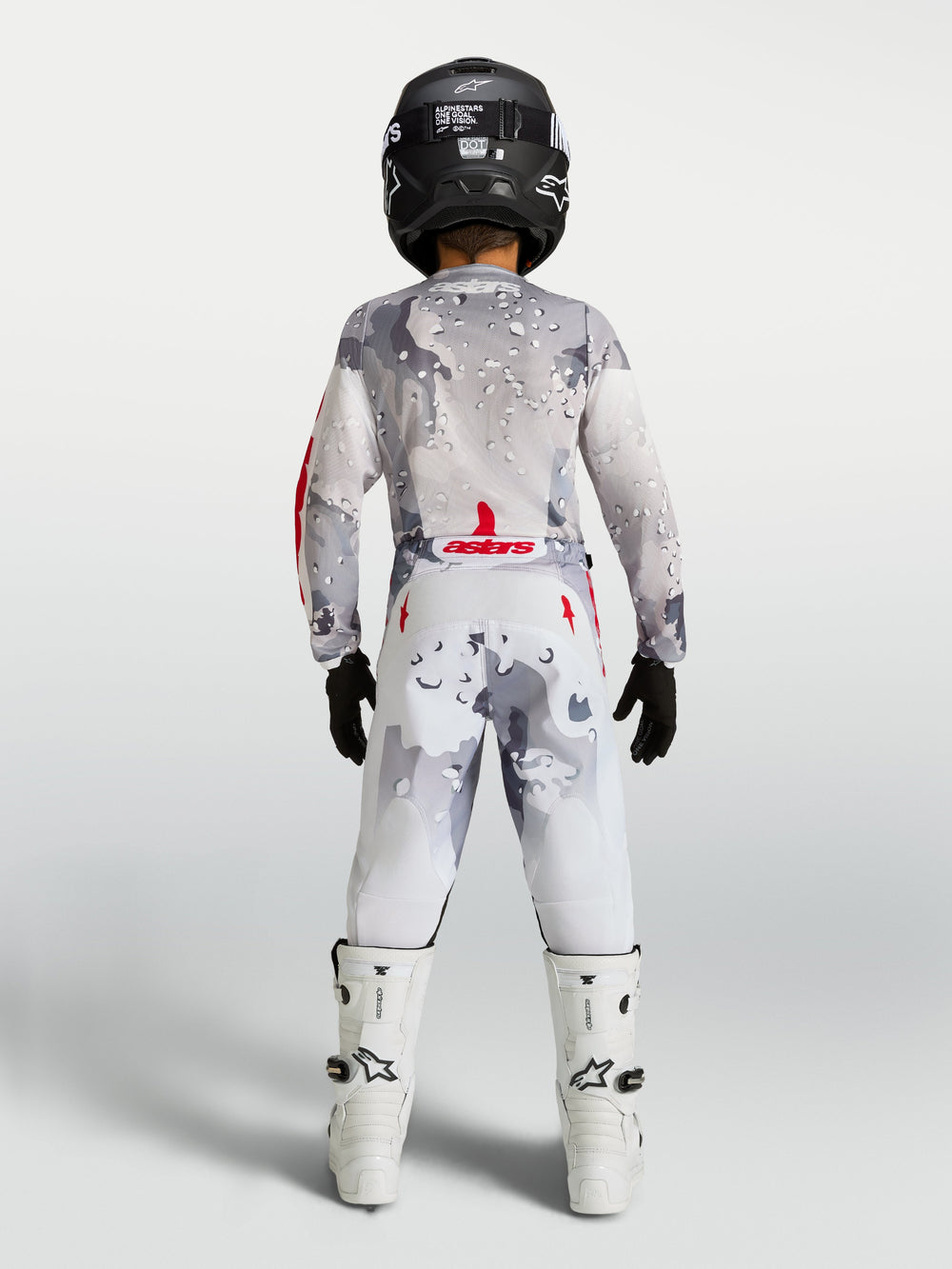 Alpinestars 2027 Youth Fluid Lone Jersey and Gear Set, gray camo and white motocross gear with fire red accents, back view.