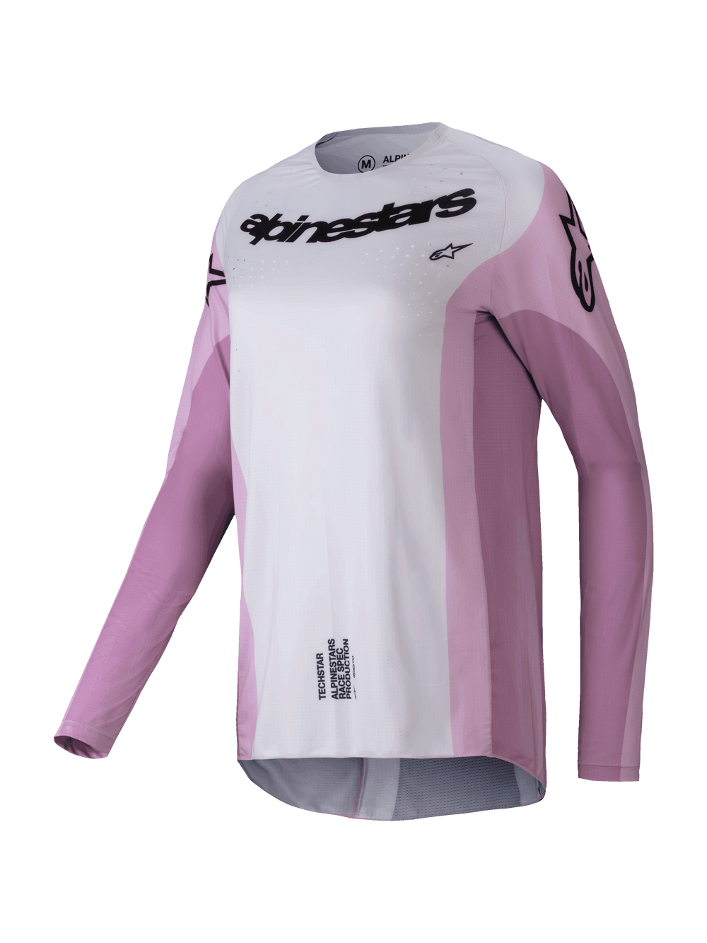 Alpinestars 2025 Stella Techstar Melt Jersey, Women's Motocross Long-Sleeve Jersey, Blush Pink and Light Gray with black branding, laser-cut perforations for ventilation, athletic racing apparel