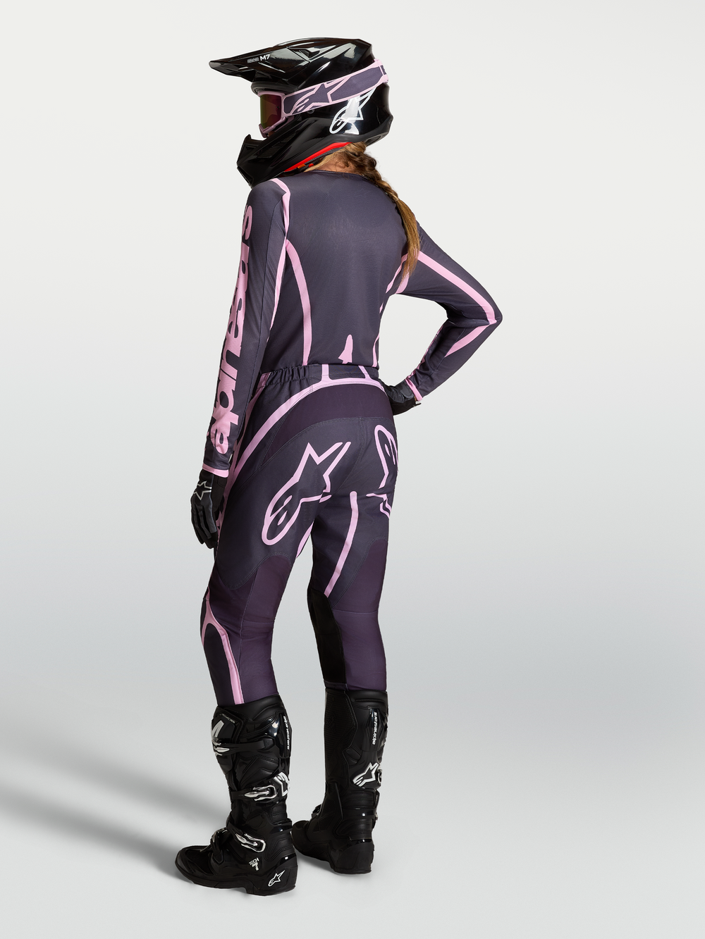 Alpinestars Stella Fluid Apex V2 Pants, Women's Motocross Gear in Graystone and Old Pink, complete riding outfit from the back.