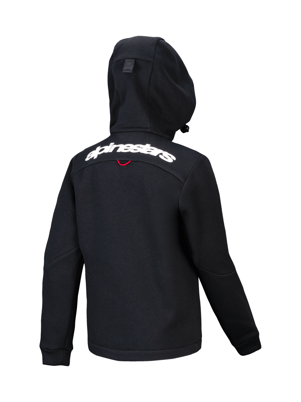 Alpinestars Youth Racer MX Fleece, black motocross hoodie, back view featuring white Alpinestars wordmark across the shoulders, structured fleece with compact hood, ergonomic design for off-road riding