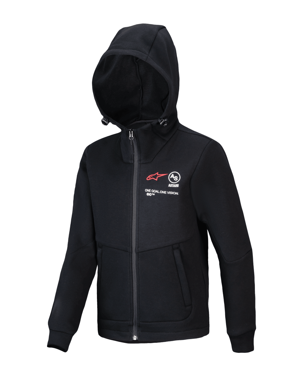 Alpinestars Youth Racer MX Fleece, Black Motocross Hoodie, full-zip jacket with adjustable hood, featuring red A-star logo and 