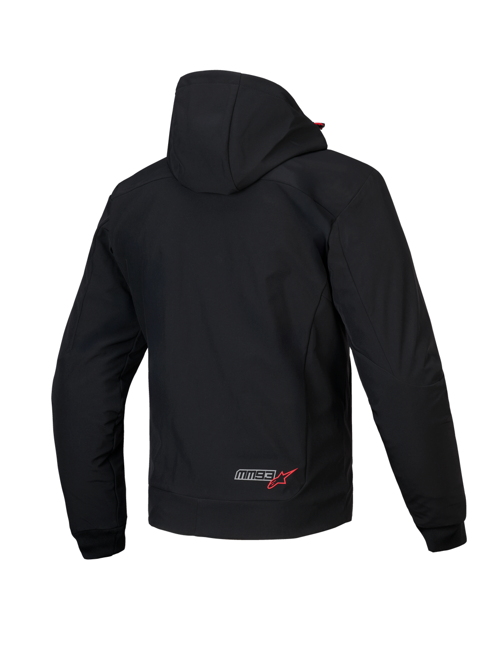 Alpinestars MM93 Radium Tech Hoodie, men's urban motorcycle jacket, rear view, Black and Bright Red, CE certified windproof 3L tech shell with removable hood