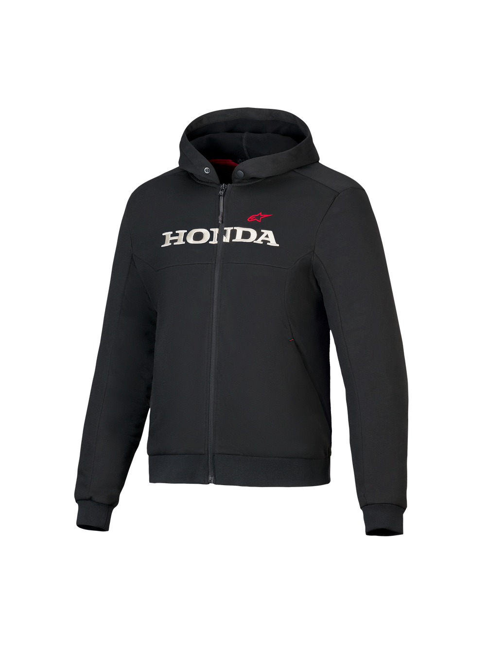 Honda Chrome V3 Sport Hoodie, Black Hooded Jacket with Front Zipper, White HONDA Logo and Red Alpinestars Star on Chest, Long Sleeves with Ribbed Cuffs, Red Hood Lining, Urban Motorcycle Riding Apparel