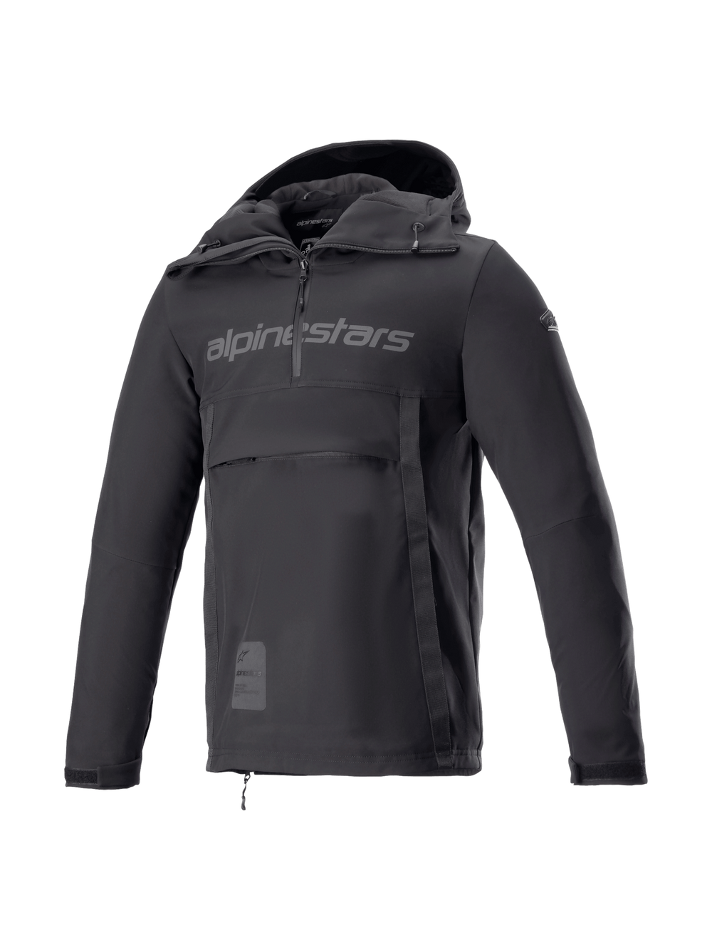 Alpinestars Sherpa Hoodie, black softshell motorcycle anorak for men, windproof urban riding jacket, Tech-Air Ready.