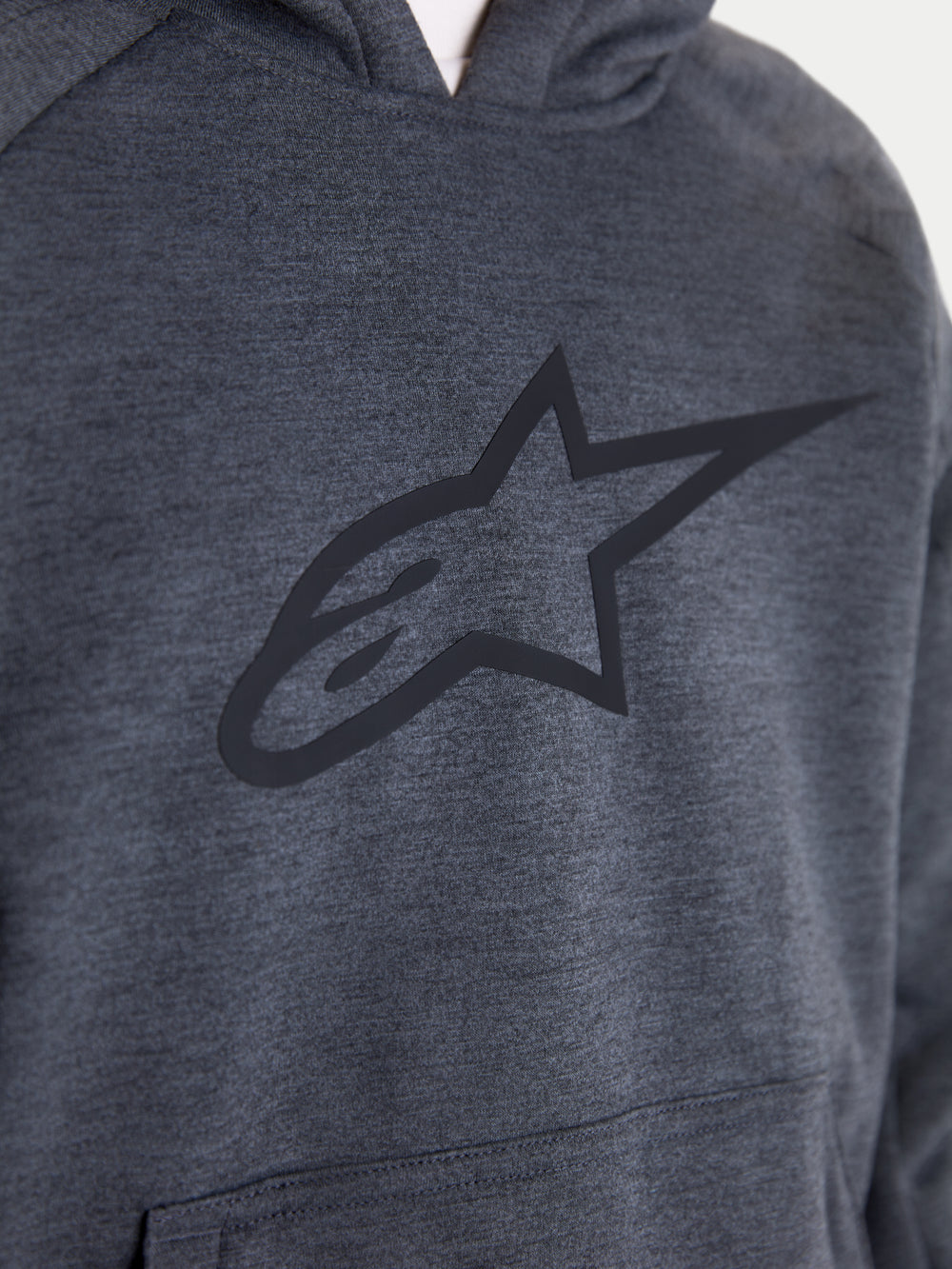Alpinestars Ageless Hoodie, men's urban motorcycle riding hoodie, asphalt melange gray, close-up view highlighting the front chest with a large tonal Alpinestars logo and kangaroo pocket