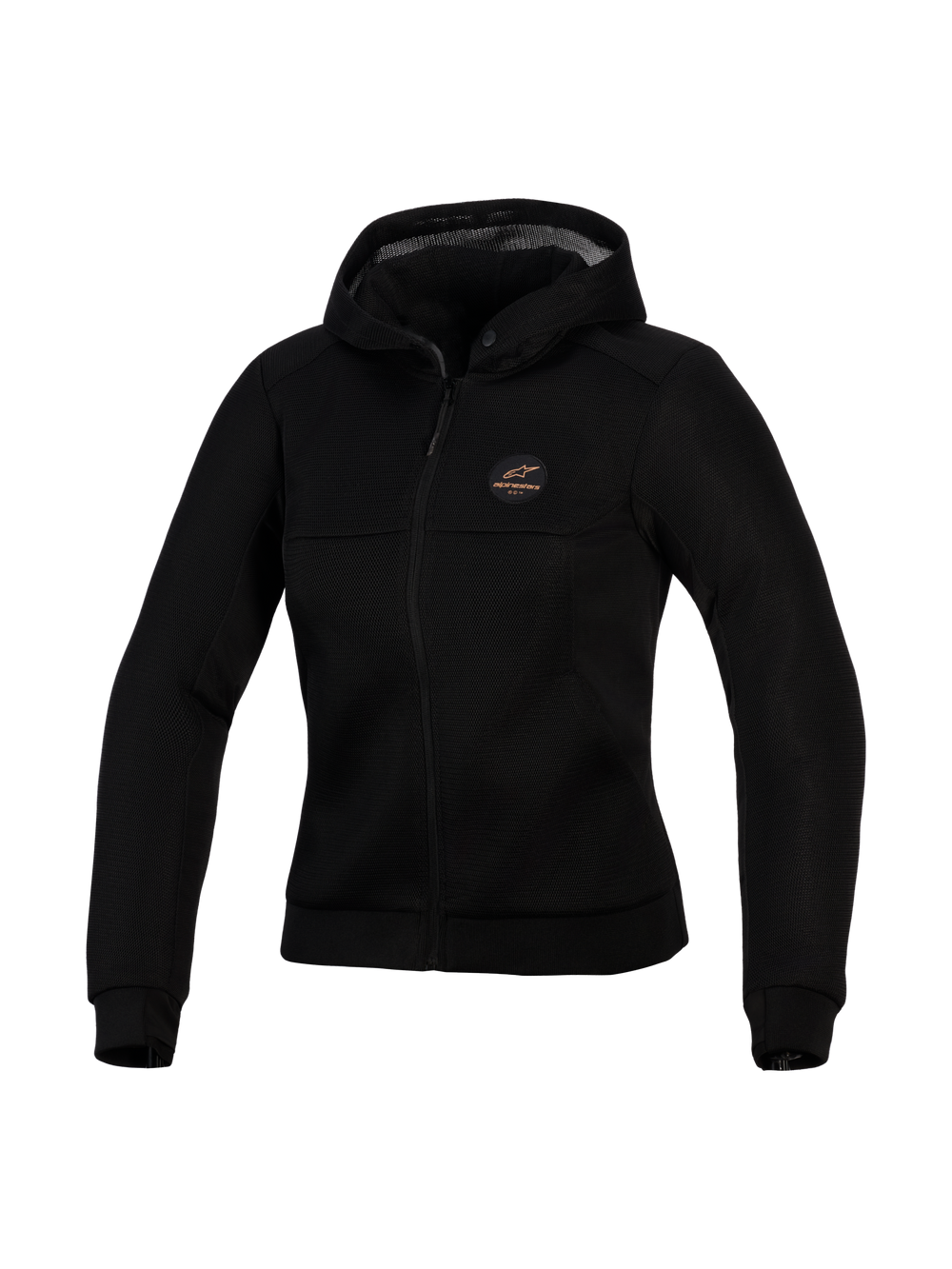 Alpinestars Stella Chrome Superairflow Hoodie, women's technical motorcycle hoodie, Black, featuring 3D mesh construction, copper logo patch on chest, full-zip front, and hood, designed for maximum ventilation and urban protection