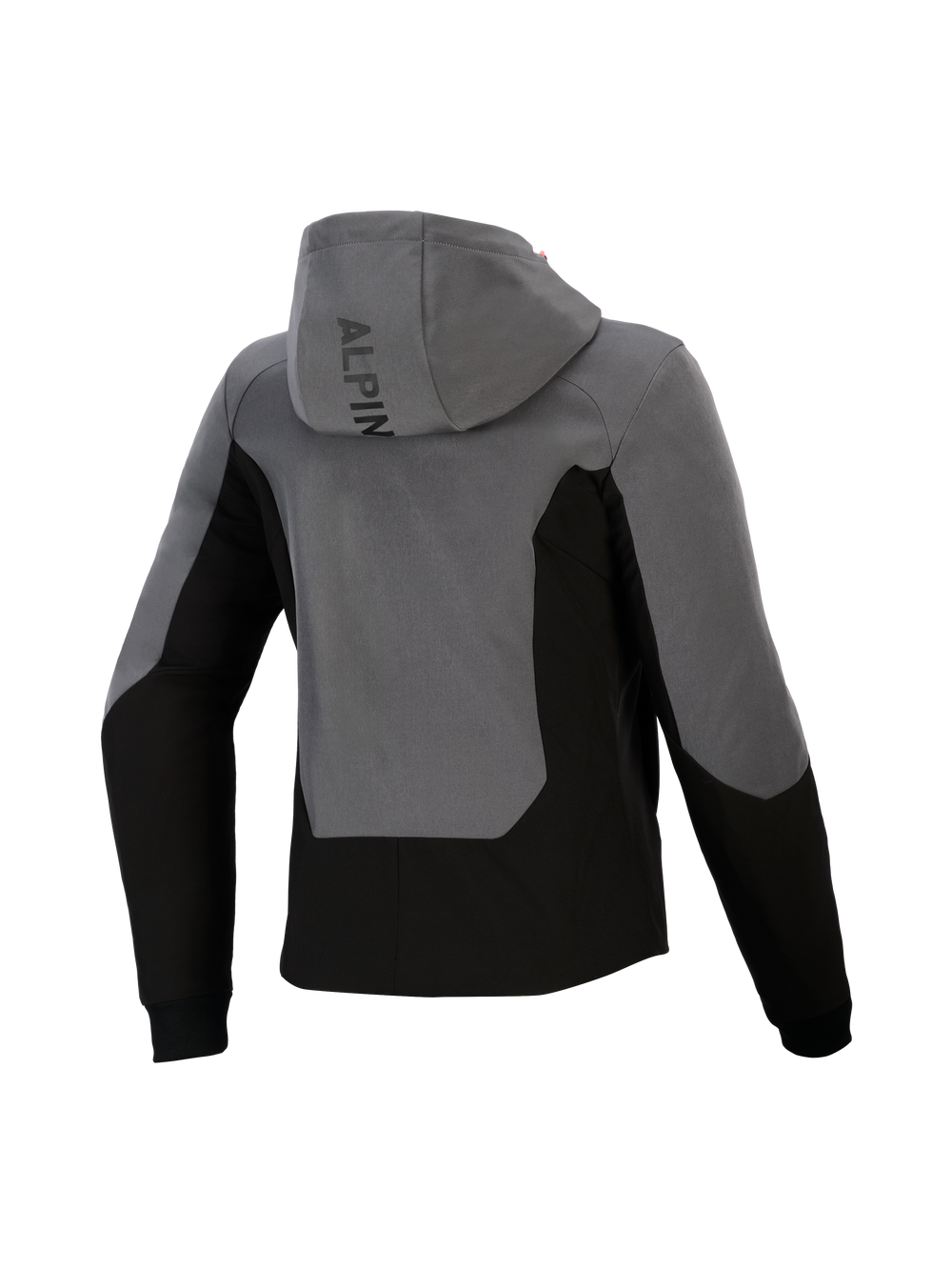 Alpinestars Woman Stella Radium Tech Hoodie, Rear View, Deep Gray and Black, urban motorcycle riding hoodie featuring a windproof shell, color-blocked design, Alpinestars branding on the hood, and ribbed cuffs.