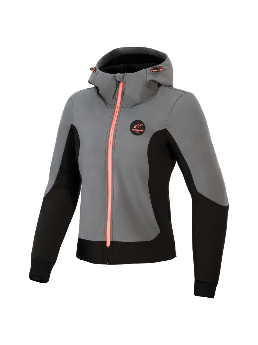 Alpinestars Woman Stella Radium Tech Hoodie, technical motorcycle hoodie, Deep Gray and Black with bright coral accents, 3-layer windproof shell, urban riding design, adjustable hood and athletic fit