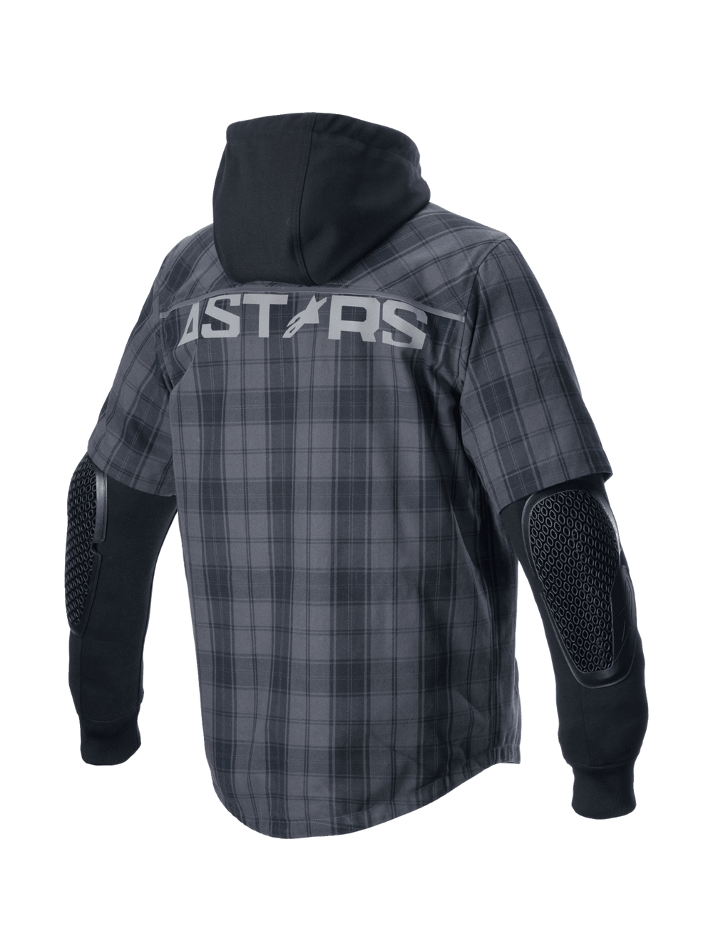 Alpinestars MO.ST.EQ Tartan Shirt in Gray and Black, urban motorcycle riding shirt with exposed armor and a fixed hoodie.