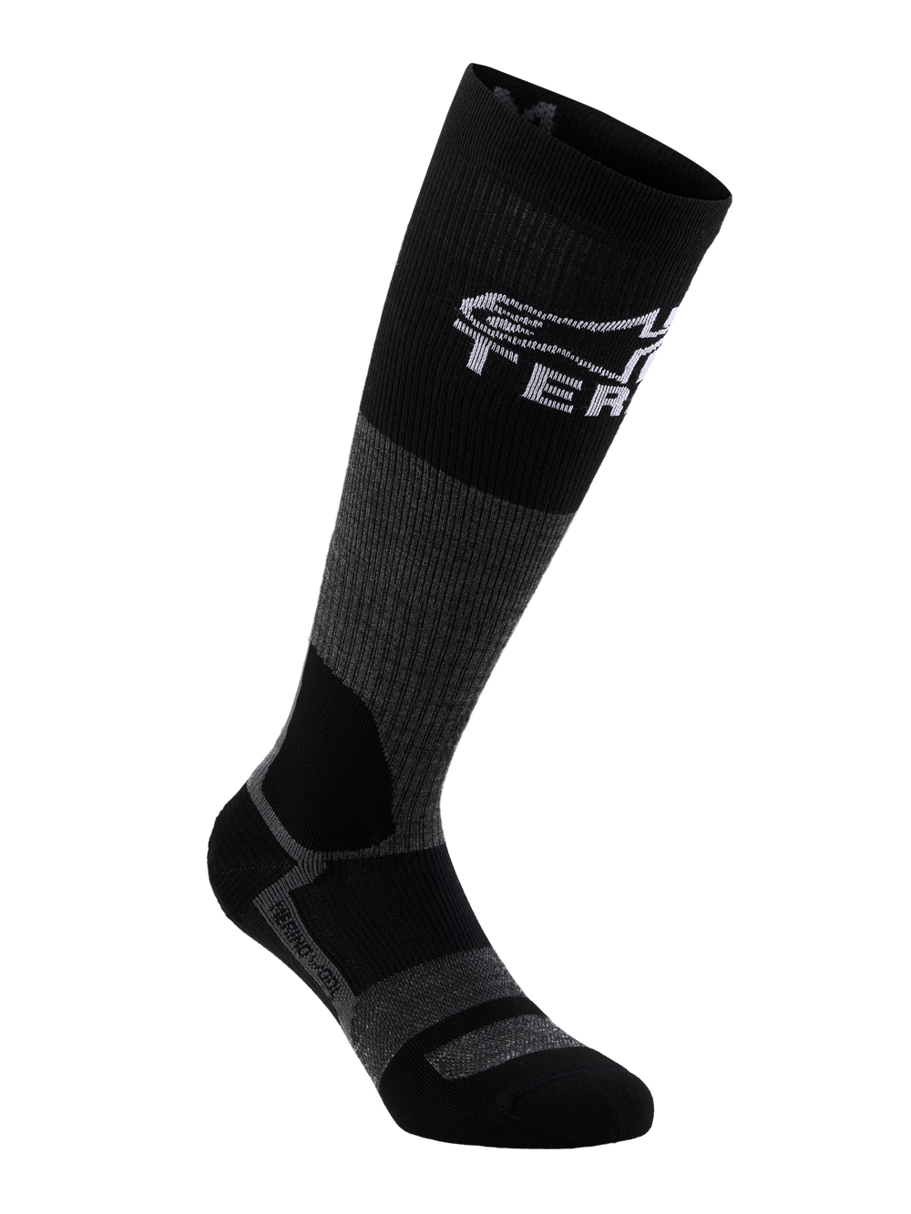 Alpinestars AT-8 Merino Socks, adventure motorcycle riding socks in Tar Gray and Black, featuring thermal merino wool construction and reinforced panels