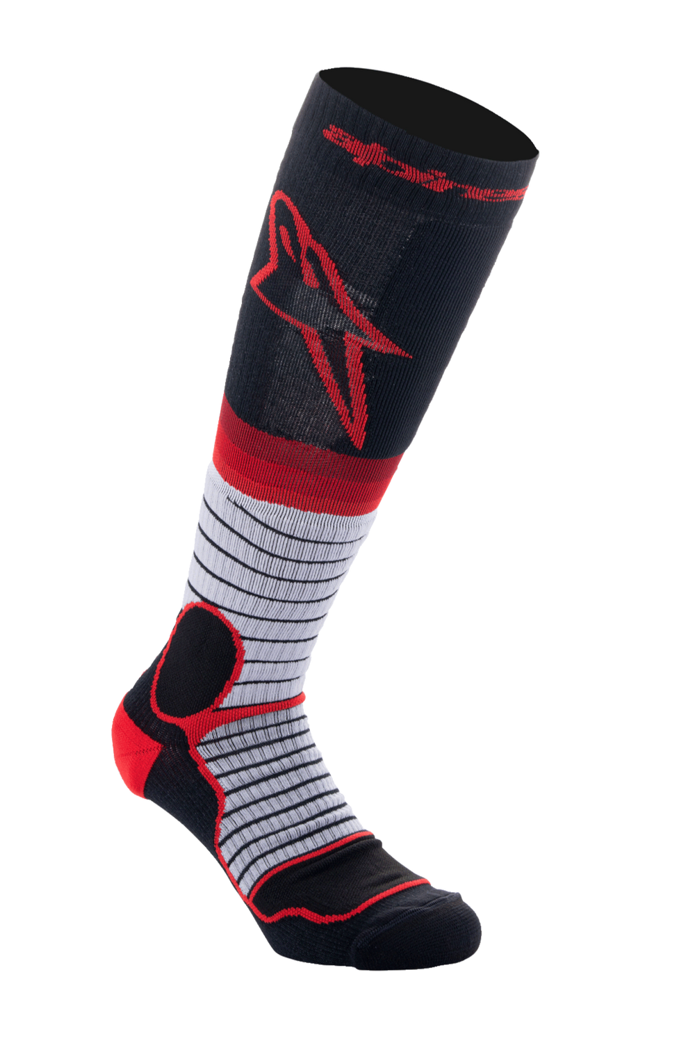 Alpinestars MX Pro Socks V2, Motocross Knee-High Socks, Black Gray and Red, featuring a red Astar logo on the upper calf, gray mid-section with thin horizontal black stripes, and reinforced red padding on the heel and ankle, moisture-wicking performance socks for off-road riding.