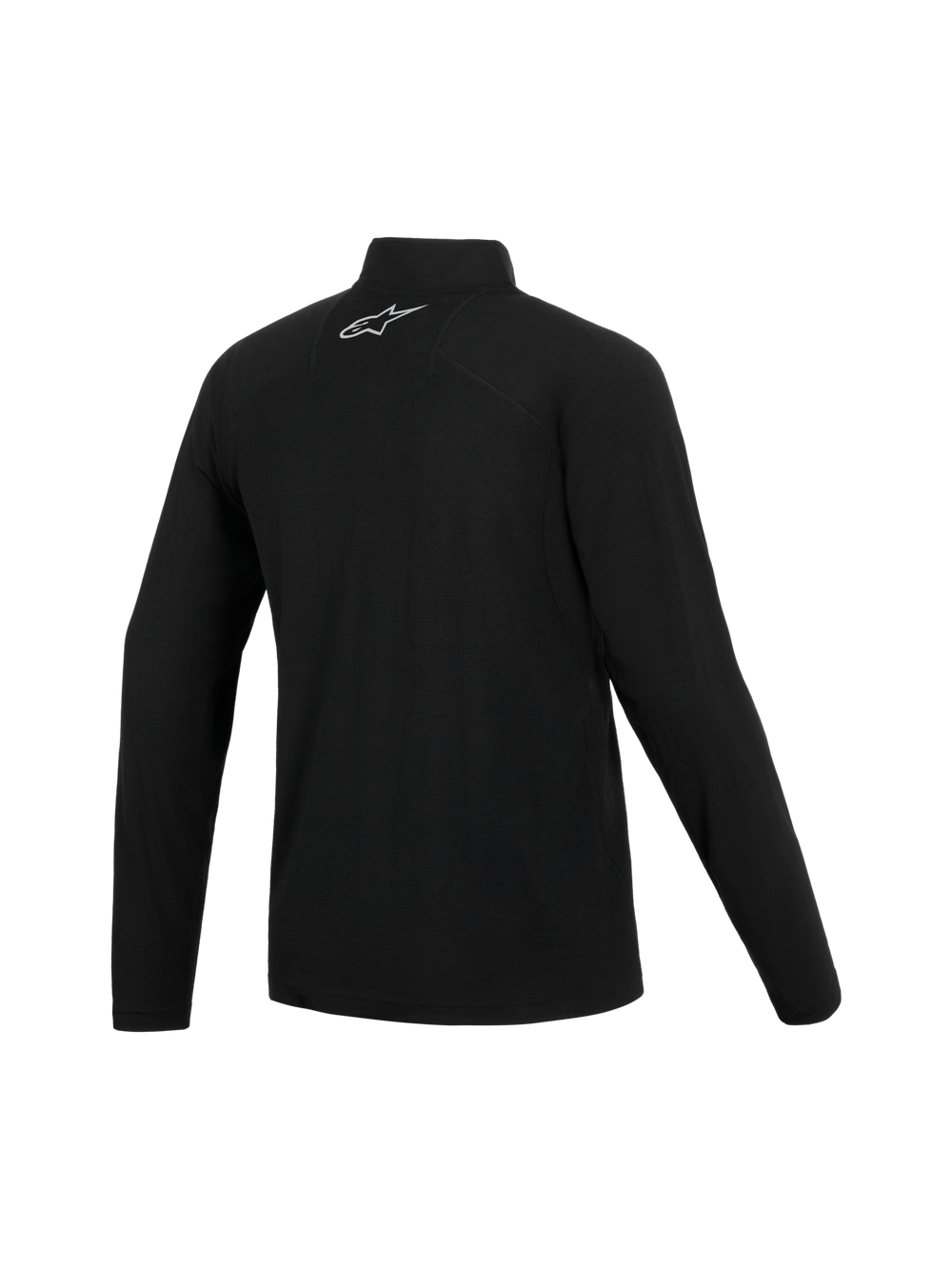 Alpinestars AT-8 Merino Top Layer, Motorcycle Adventure Base Layer, Black, featuring long sleeves, a collar, and white logo on the rear neck