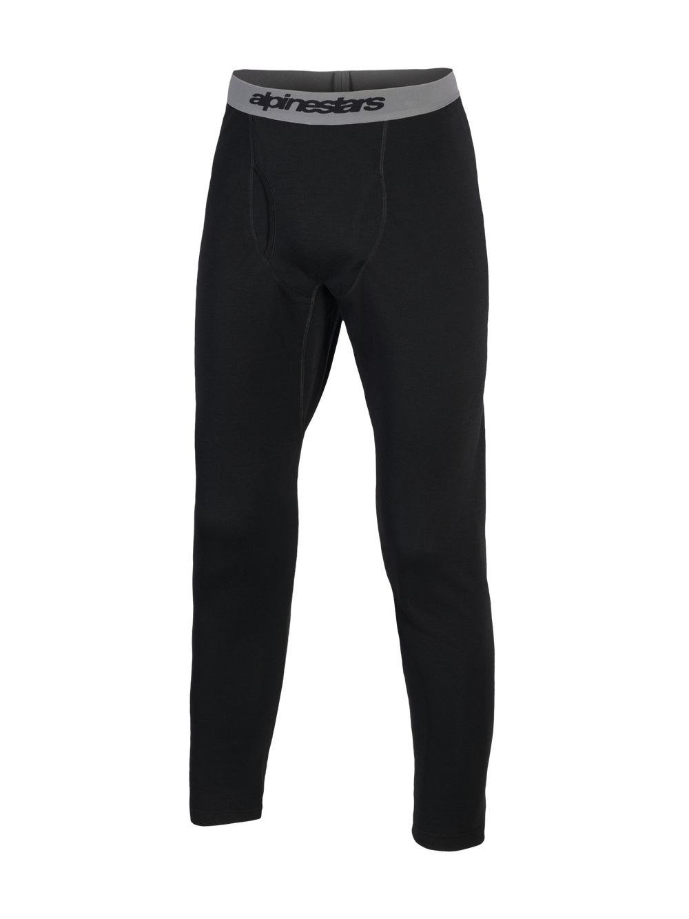 Alpinestars At 8 Merino Bottom Base Layer, motorcycle adventure tech layer pants, Black with grey elastic waistband and branding, merino wool and polyester thermal construction