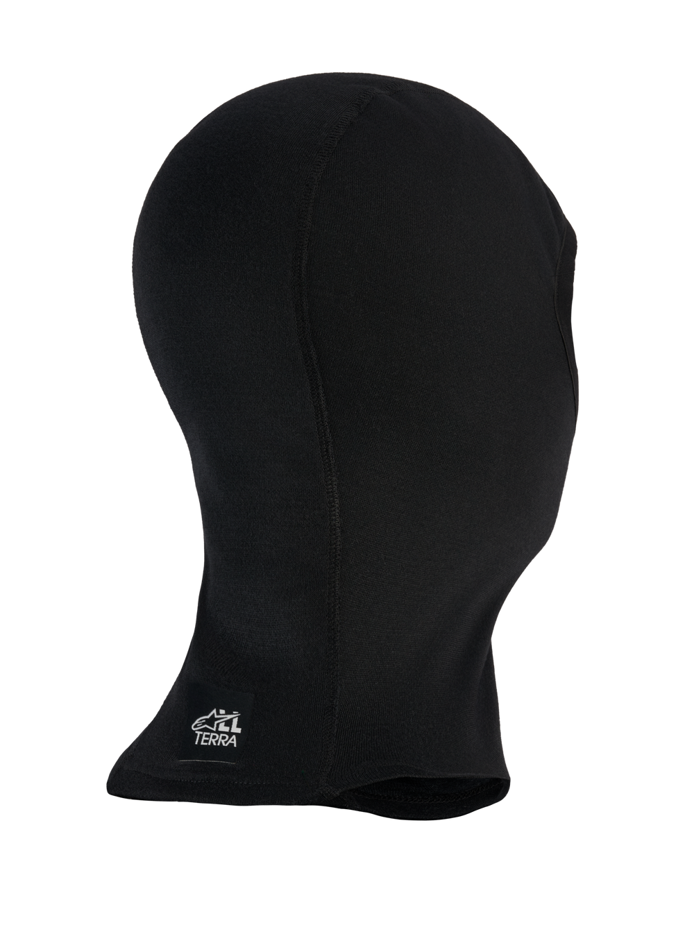 Alpinestars AT-8 Merino Balaclava, Black motorcycle adventure balaclava worn on head showing side profile and All Terra logo branding on extended neck, merino wool blend construction