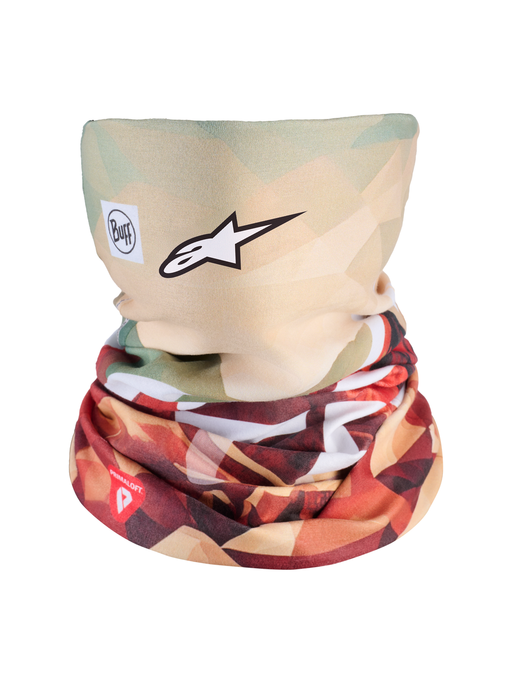 Alpinestars Buff Peaks PrimaLoft Neck Tube, Earth Brown and Red, cold-weather motorcycle neck gaiter featuring PrimaLoft insulation and seamless 4-way stretch construction