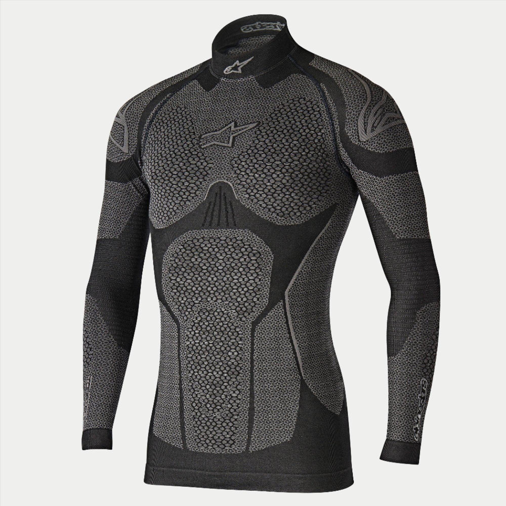 Alpinestars Ride Tech Top Long Sleeve Winter, Motorcycle Base Layer, Black and Gray, technical long-sleeve top with dual-density honeycomb textured panels, compression fit, mock neck with white Alpinestars logo, performance thermal underwear for cold weather