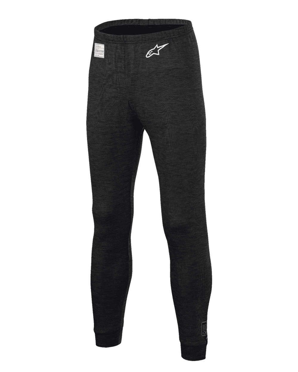 Alpinestars Race V3 Bottom, Auto Racing Base Layer Pants, Black, featuring flame-resistant textured fabric, white star logo on the thigh, FIA certification label on the waistband, full-length technical undergarment for professional motorsport