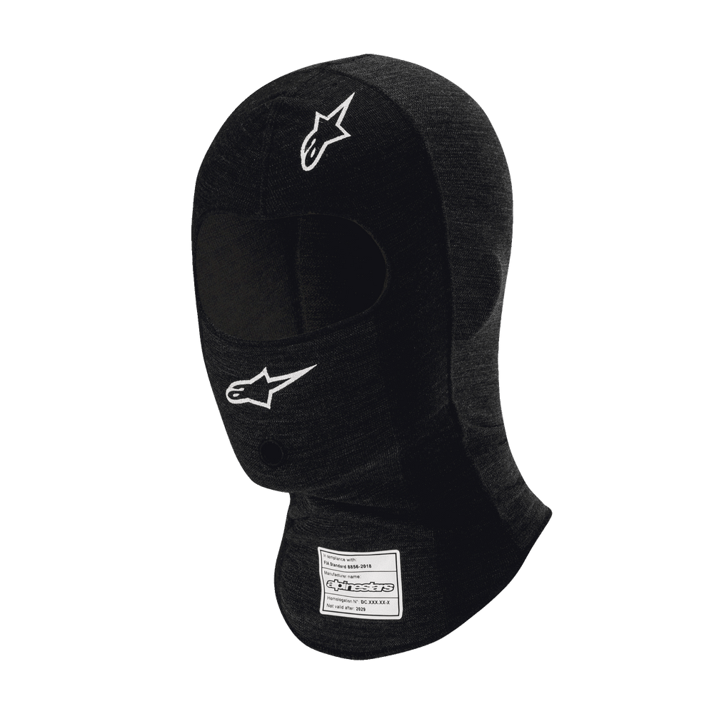Alpinestars Race V3 Balaclava, Black flame-resistant auto racing balaclava, white star logos on forehead and cheek, FIA certification label on neck, lightweight technical fabric with eye opening for motorsport head protection