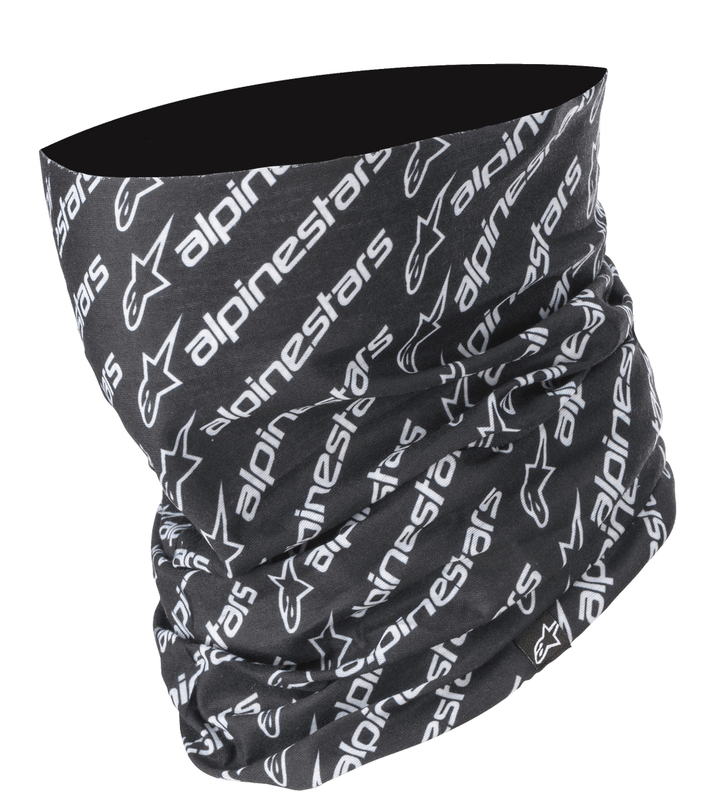 Alpinestars Linear Neck Tube, Motorcycle neck gaiter, Black and White, repeated diagonal Alpinestars logo and text pattern, seamless microfiber construction, lightweight base layer for road riding