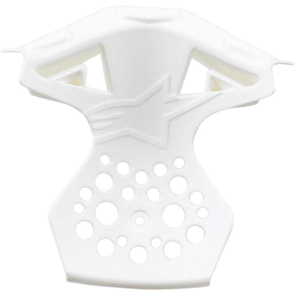 Alpinestars Supertech M10/M8 Helmet Chin Vent Frame, White, plastic replacement part featuring an embossed star logo, multiple circular ventilation holes, and angular design for motocross helmet chin bar ventilation.