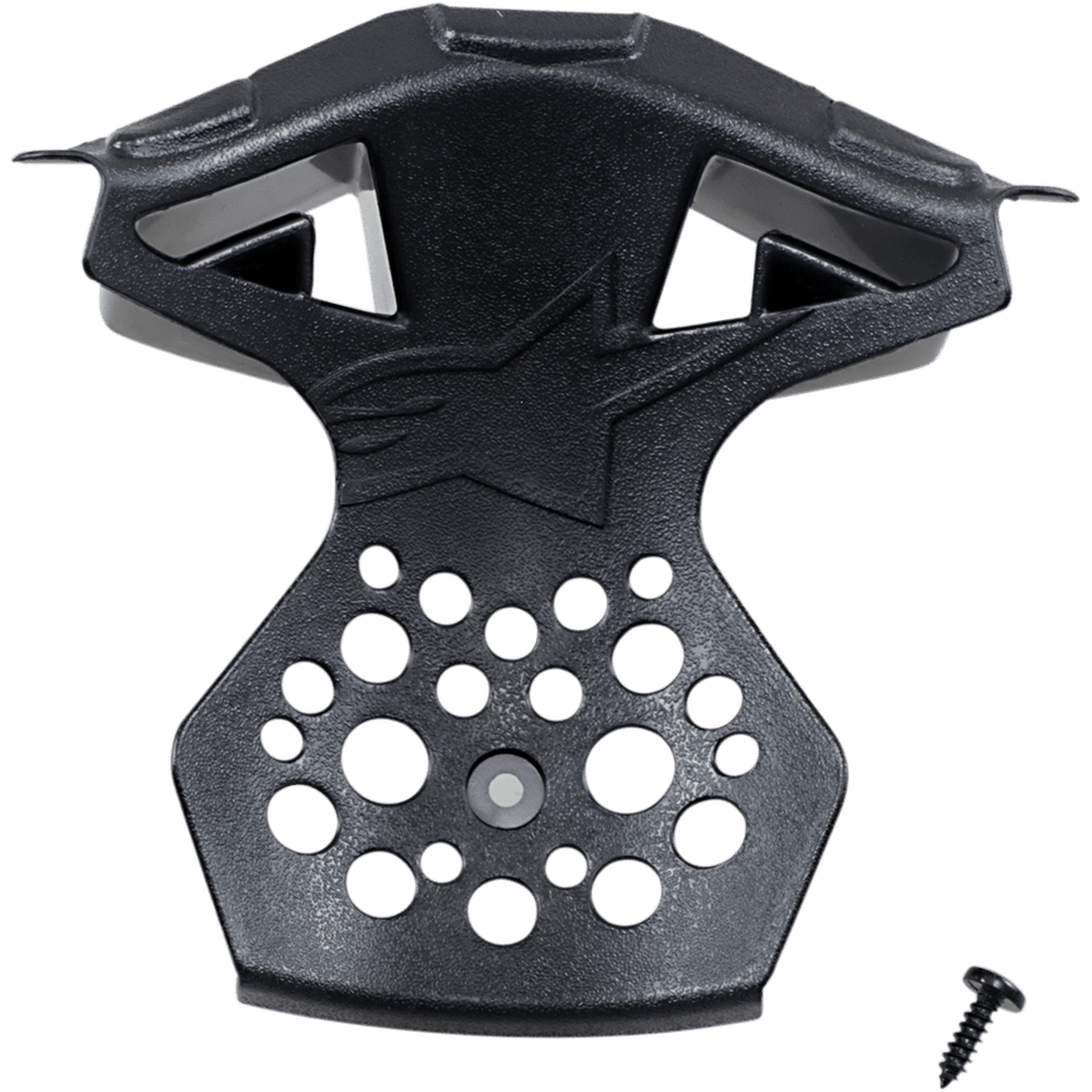 Alpinestars Supertech M10/M8 Helmet Chin Vent Frame, Black replacement part with star logo, textured plastic construction with ventilation holes, includes mounting screw