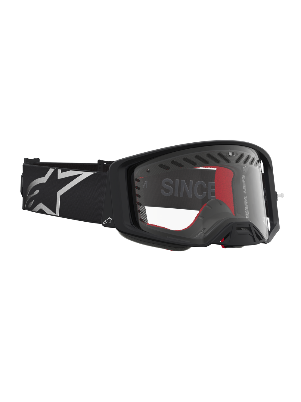 Alpinestars Supertech Dura Air Fluid Goggles, black and silver MX racing goggles with a clear polycarbonate lens.