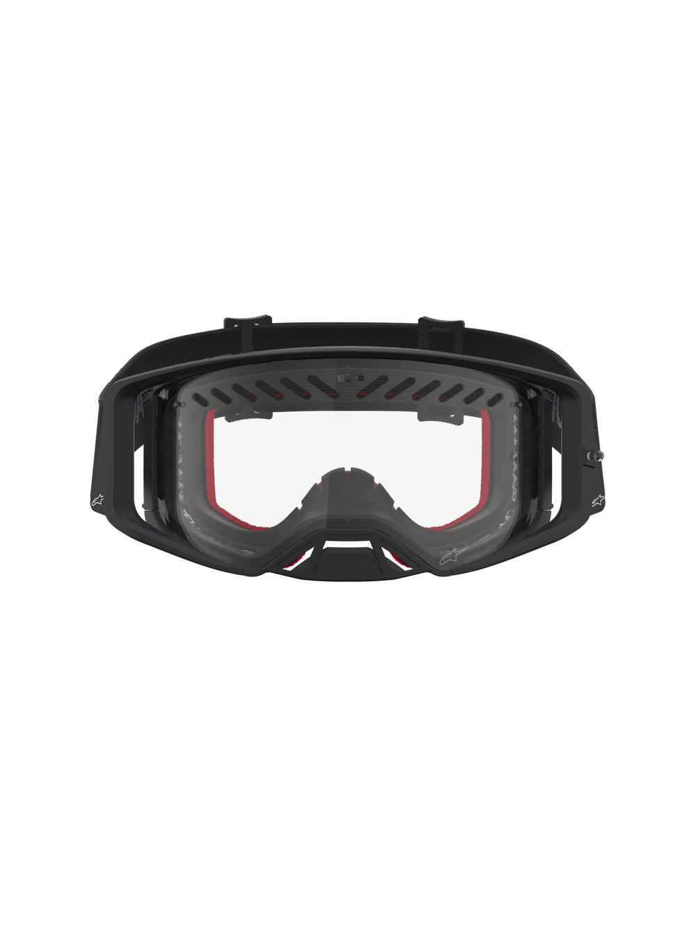 Alpinestars Supertech Dura Air Fluid Goggles, black and red motocross racing goggles with clear lens and ventilated frame.