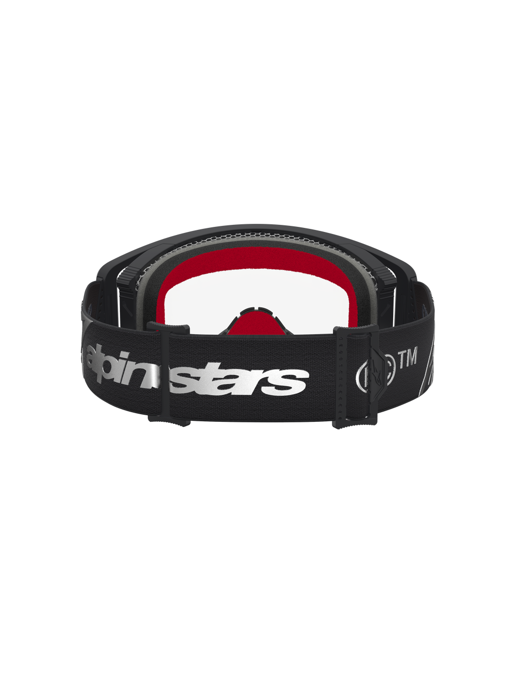 Alpinestars Supertech Dura Air Fluid Motocross Goggles in black and silver with clear lens and red interior padding.