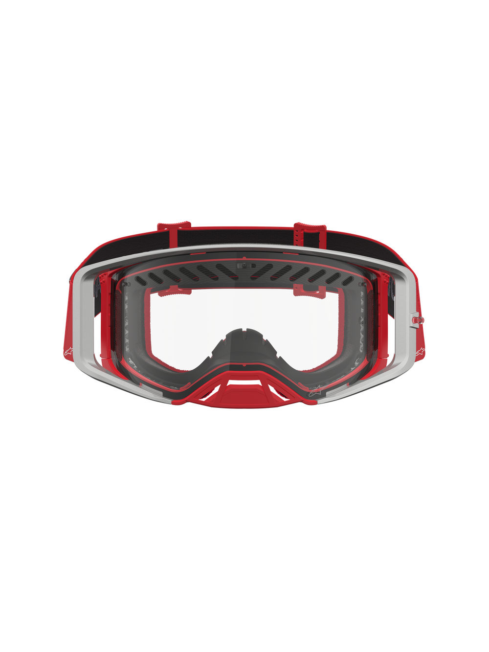 Alpinestars Supertech Dura Air Fluid Goggles, Red and Silver professional motocross goggles with clear polycarbonate lens.
