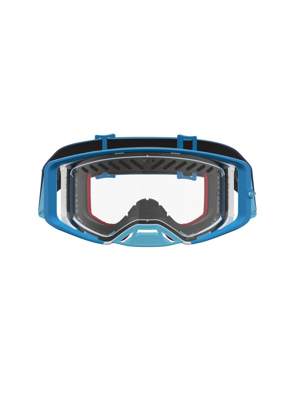 Alpinestars Supertech Dura Air Fluid Goggles in blue fade and grey for motocross with a clear, high-grade lens.