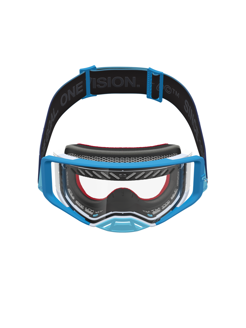 Alpinestars Supertech Dura Air Fluid Goggles in blue and white, with a clear lens and branded strap for motocross racing.