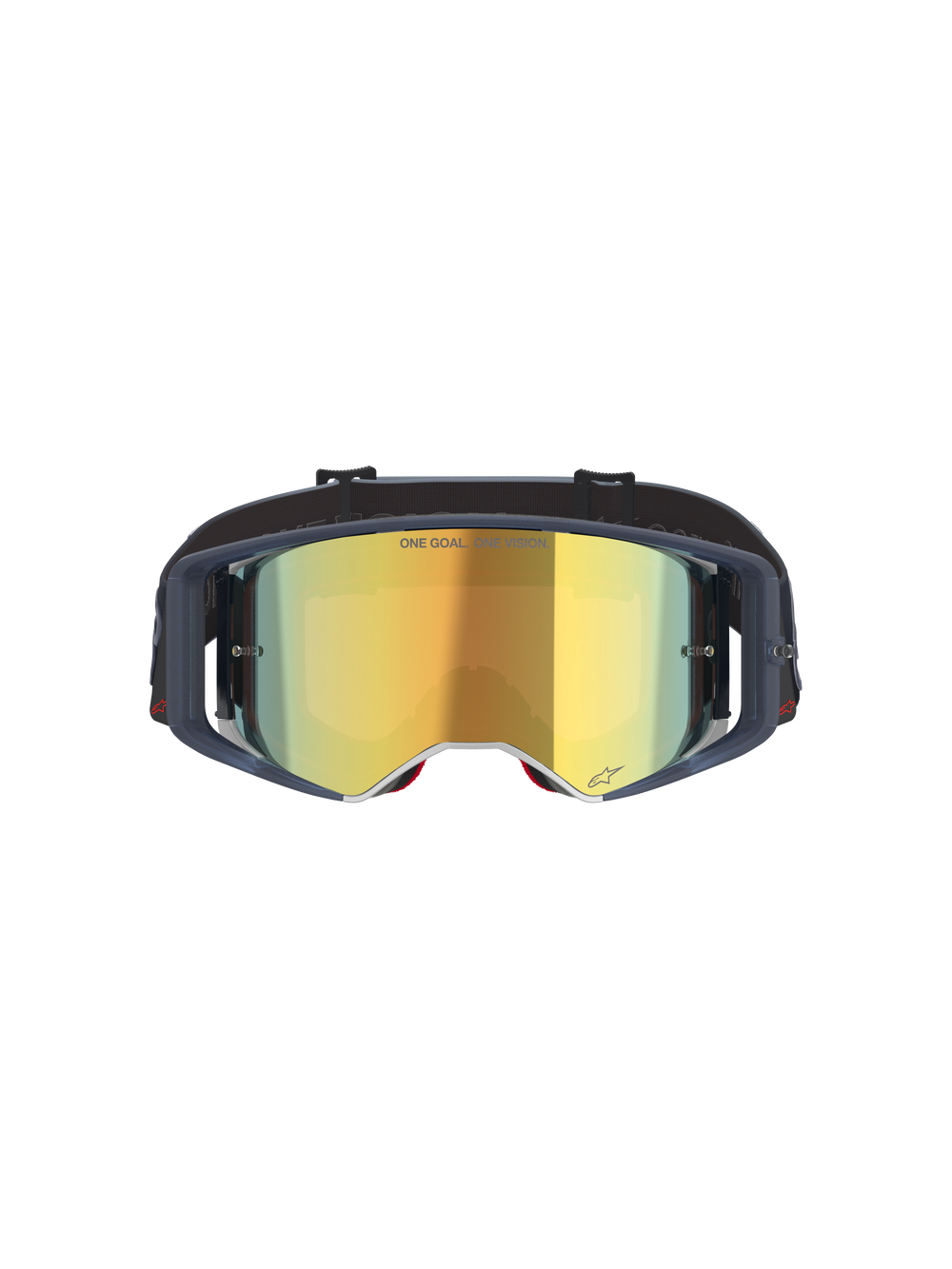 Alpinestars Supertech Vision Vista Goggles, Motocross Goggles, Black Mirror Gold, front view featuring a gold mirrored lens and dark frame, professional off-road racing eyewear with 