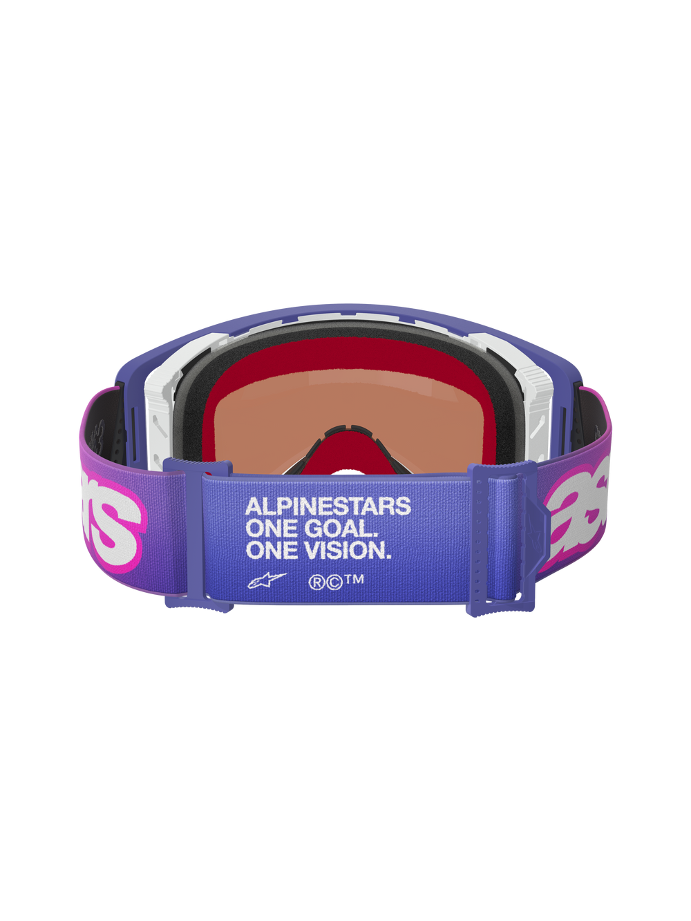 Alpinestars Supertech Vision Vista Goggles, Purple Fluo Pink Mirror Blue, rear view showing elastic strap with 