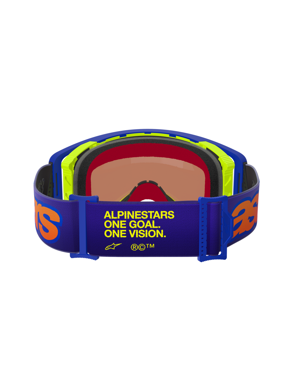 Alpinestars Supertech Vision Vista Goggles, Rear view, Purple strap with yellow 