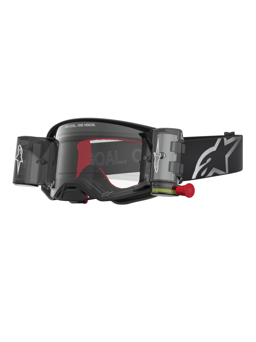 Alpinestars Supertech Firma Roll Off Goggles, premium motocross racing eyewear in black and silver, featuring a clear lens and integrated roll-off system for superior off-road visibility.