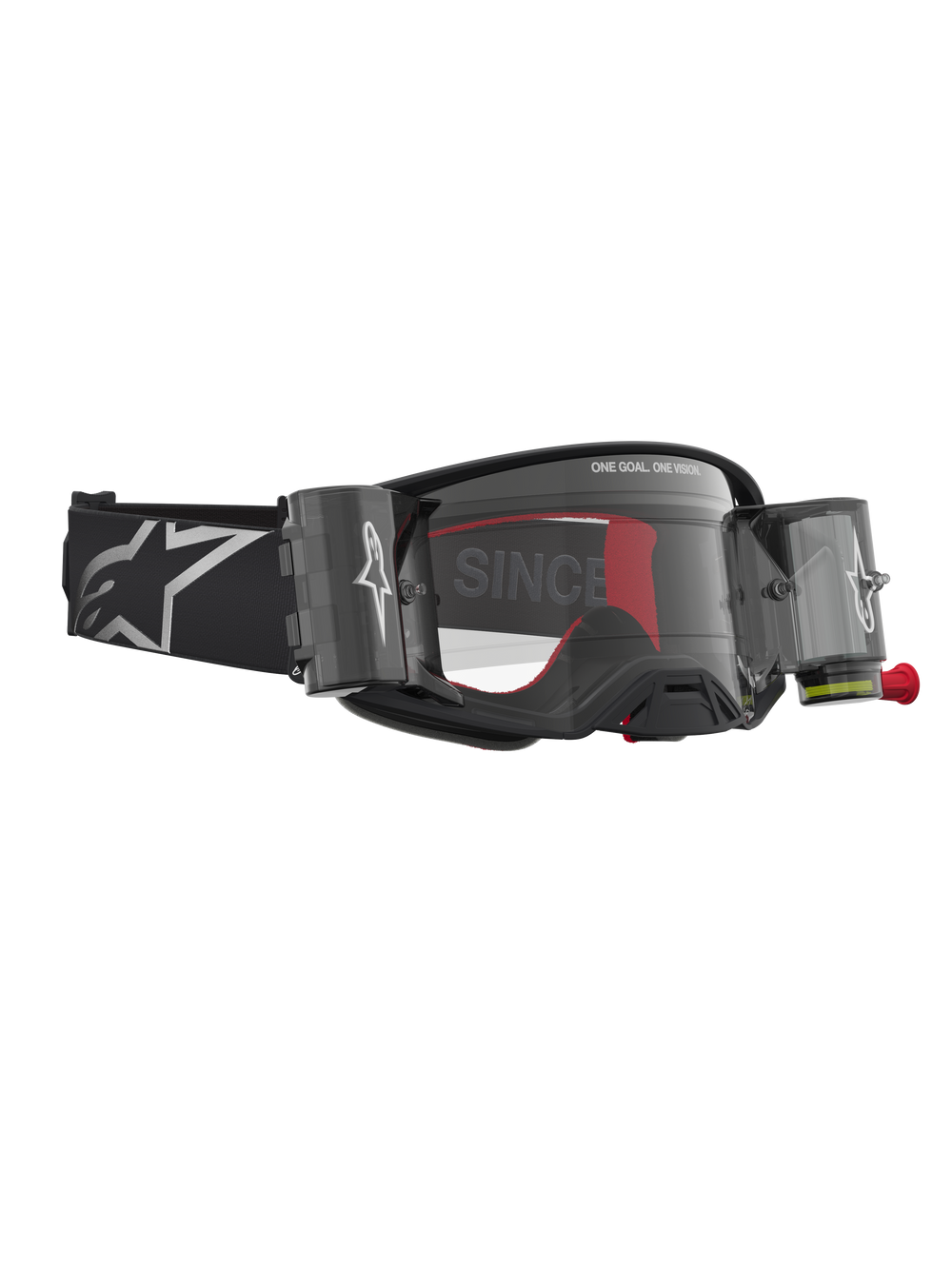 Alpinestars Supertech Firma Roll Off Goggles for Motocross, Black and Silver racing goggles with a clear roll-off system.
