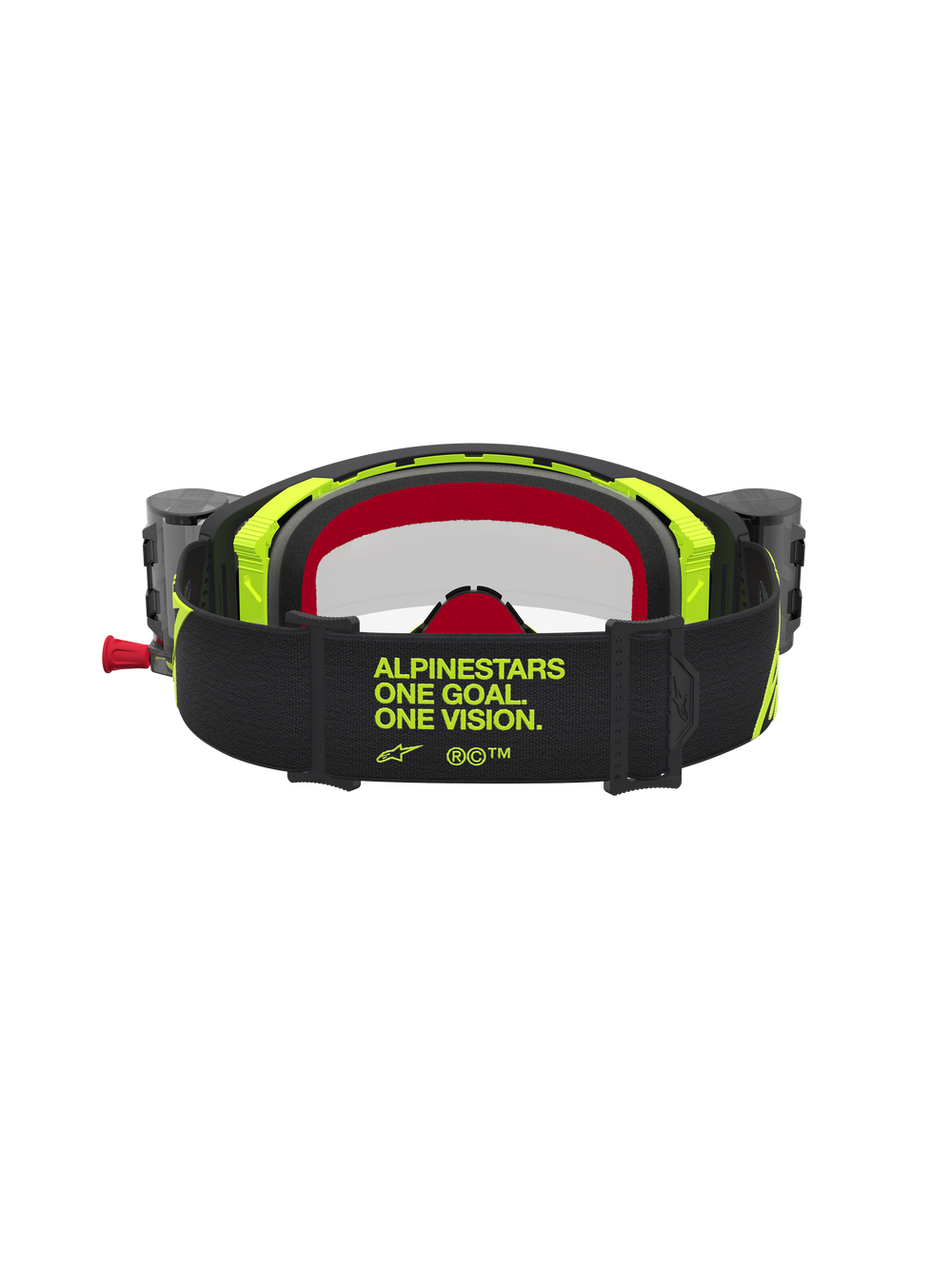 Alpinestars Supertech Firma Roll Off Goggles, Black and Yellow Fluo Motocross Goggles with wide branded strap, rear view.