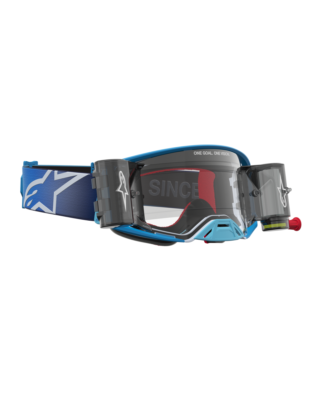 Alpinestars Supertech Firma Roll Off Goggles, blue and silver motocross goggles with clear lens and roll-off canisters.