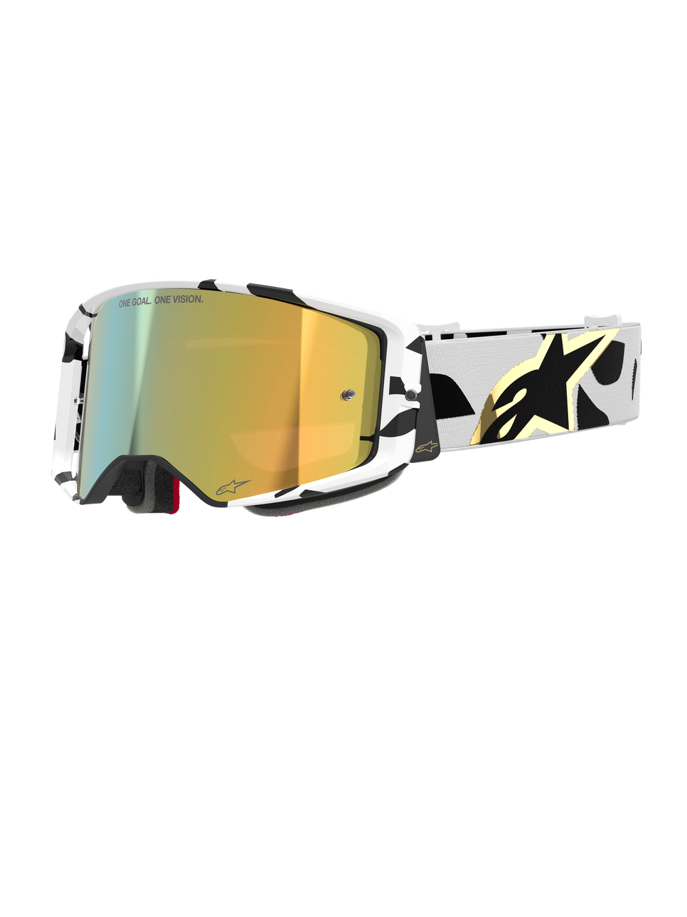 Alpinestars Supertech Corp Goggles Absolute Vision, Motocross Goggles, white and black patterned frame with gold mirror lens, wide strap with black abstract design and gold Alpinestars logo, 