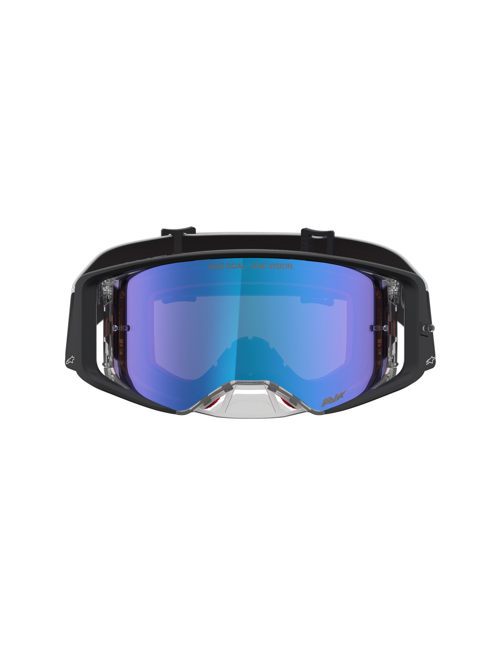 Alpinestars Supertech Atrox Goggles for motocross, featuring a black frame and blue mirrored anti-fog polycarbonate lens.