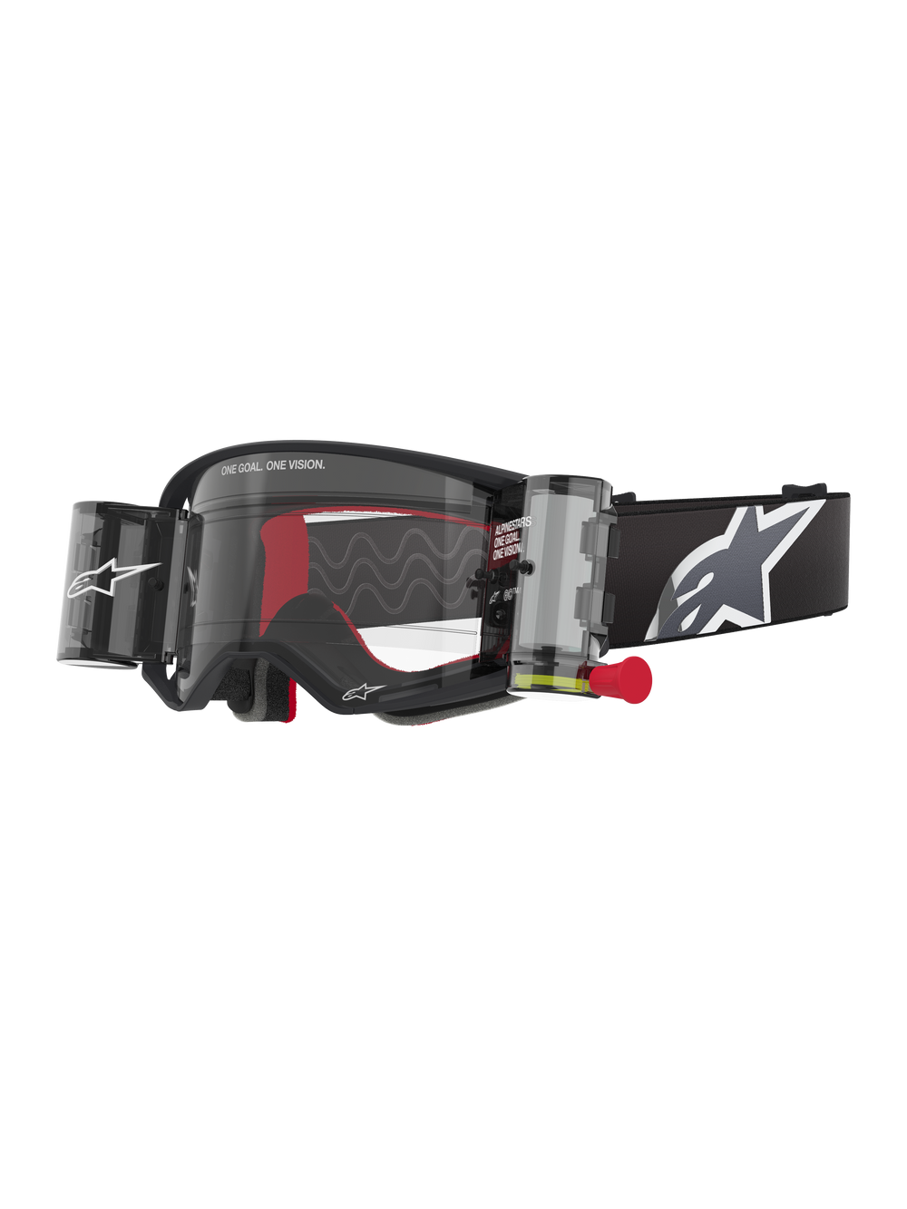 Alpinestars Supertech Corp Goggles Roll Off, Black frame with Clear lens, featuring a Wide Vision Roll-Off system and red pull tab, black strap with a large grey and white Alpinestars logo, technical motocross eyewear with 