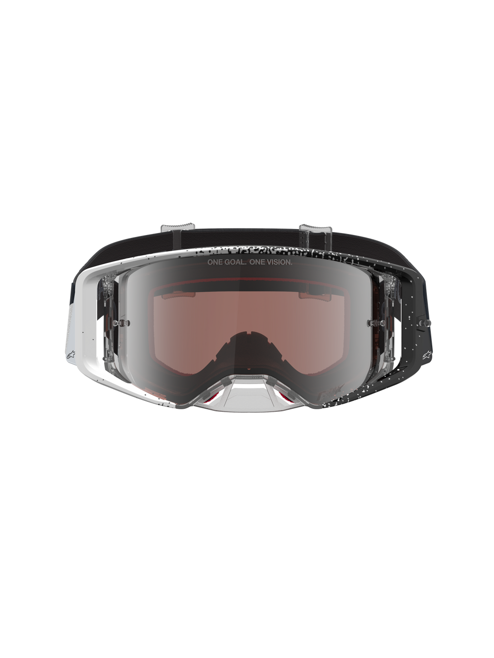 Alpinestars Supertech Hiten Goggles, motocross goggles with a white and black speckled frame and mirror silver lens.