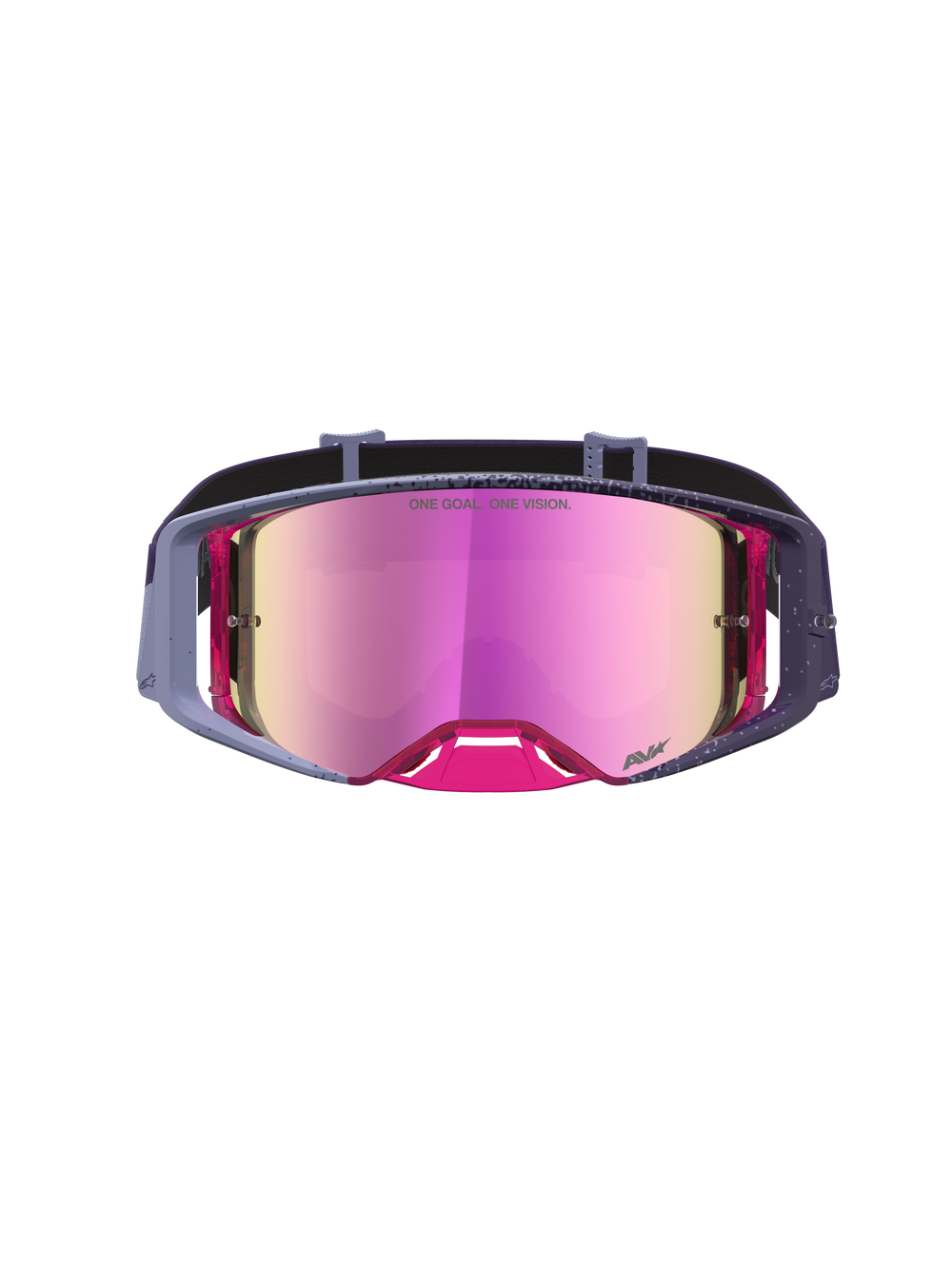 Alpinestars Supertech Hiten Motocross Goggles in purple and pink with a reflective mirror lens for professional racing.