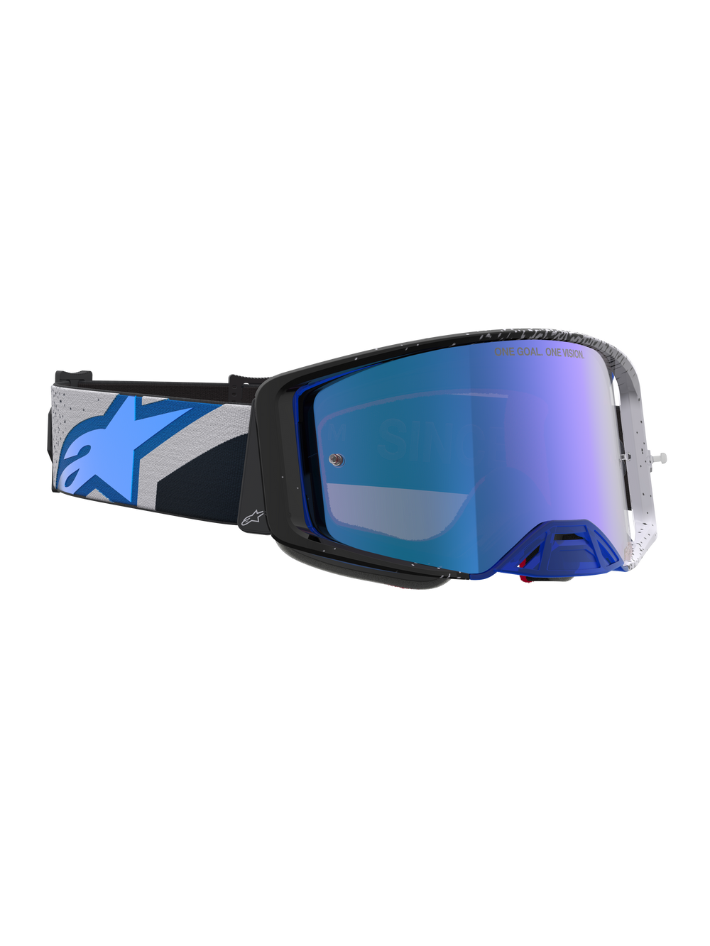 Alpinestars Supertech Hiten Motocross Goggles in Black and Blithe Blue featuring a high-clarity mirrored blue lens.
