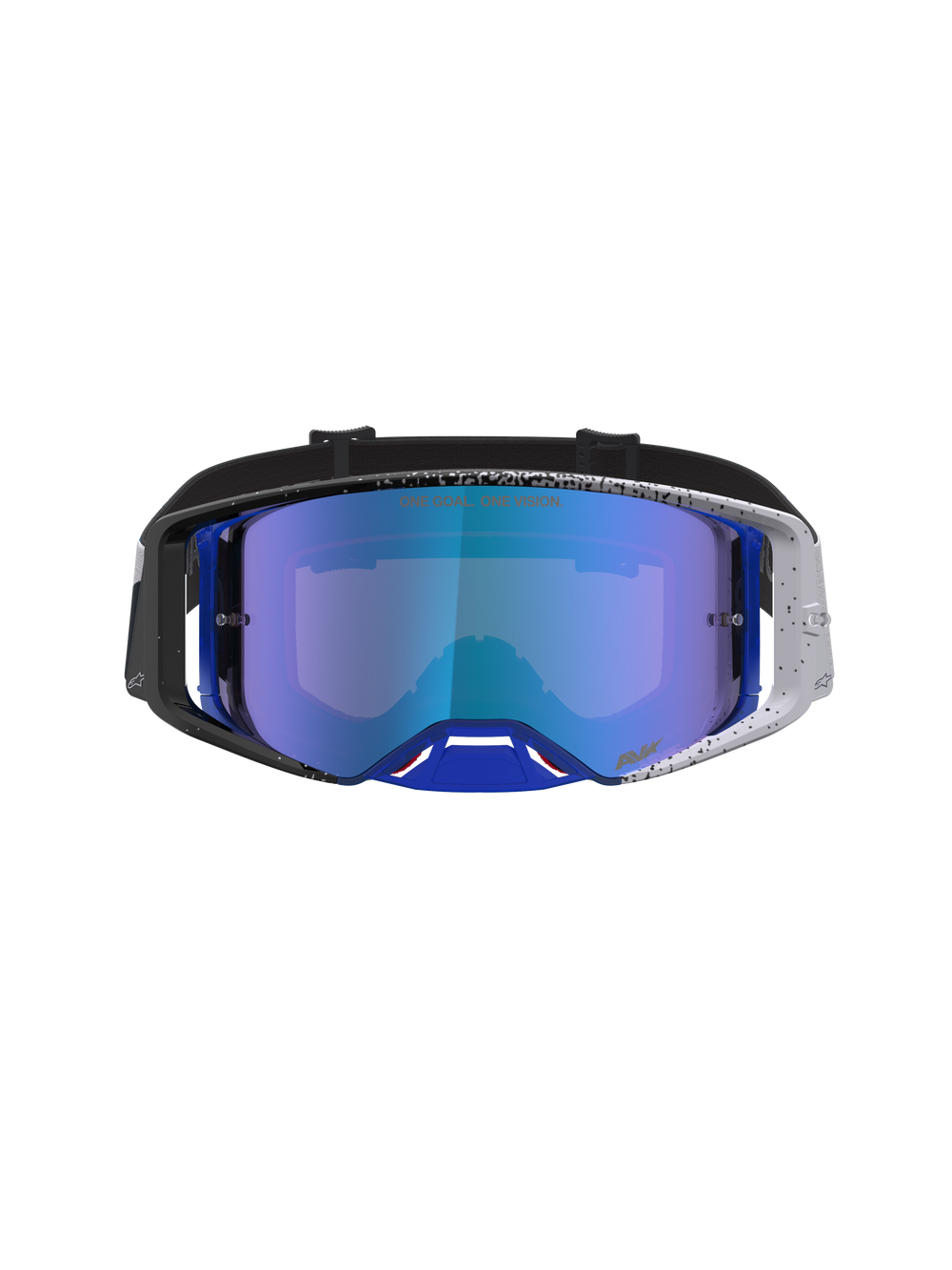 Alpinestars Supertech Hiten Motocross Goggles with a blue mirror lens and black and blue speckled frame design.