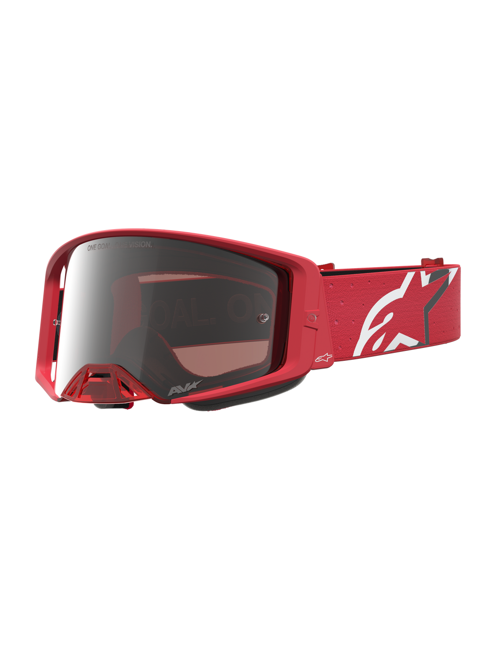 Alpinestars Supertech Vesta Motocross Goggles in Red Fluo with Chrome Mirror Silver lens and white logo strap.