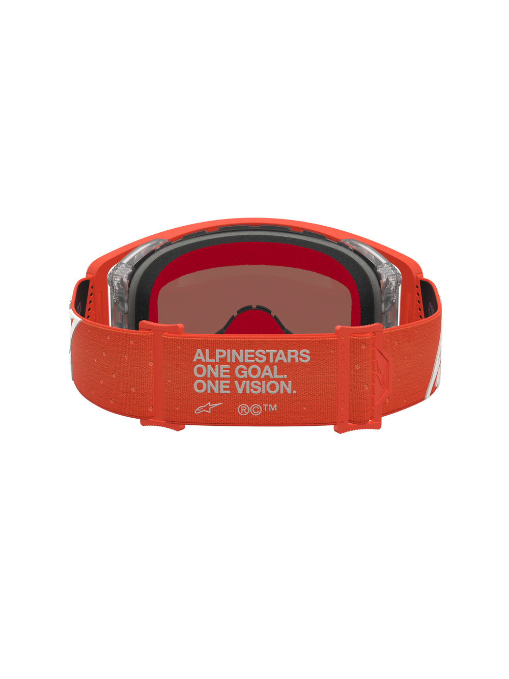 Alpinestars Supertech Vesta Motocross Goggles, Orange with Silver Mirror Lens, back view of the branded adjustable strap.