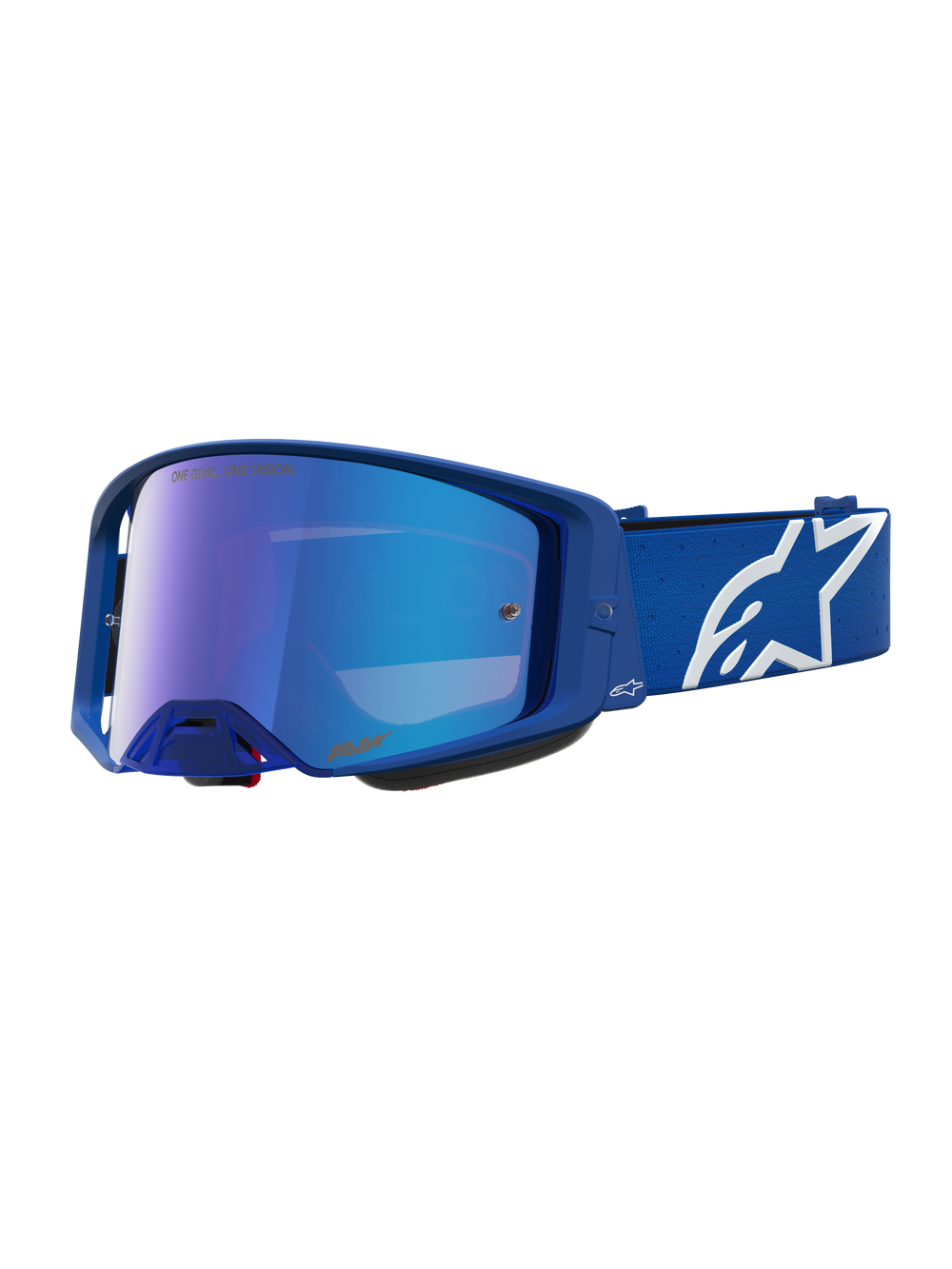 Alpinestars Supertech Vesta Motocross Goggles in Blithe Blue and White featuring a Mirror Blue lens and adjustable star strap.